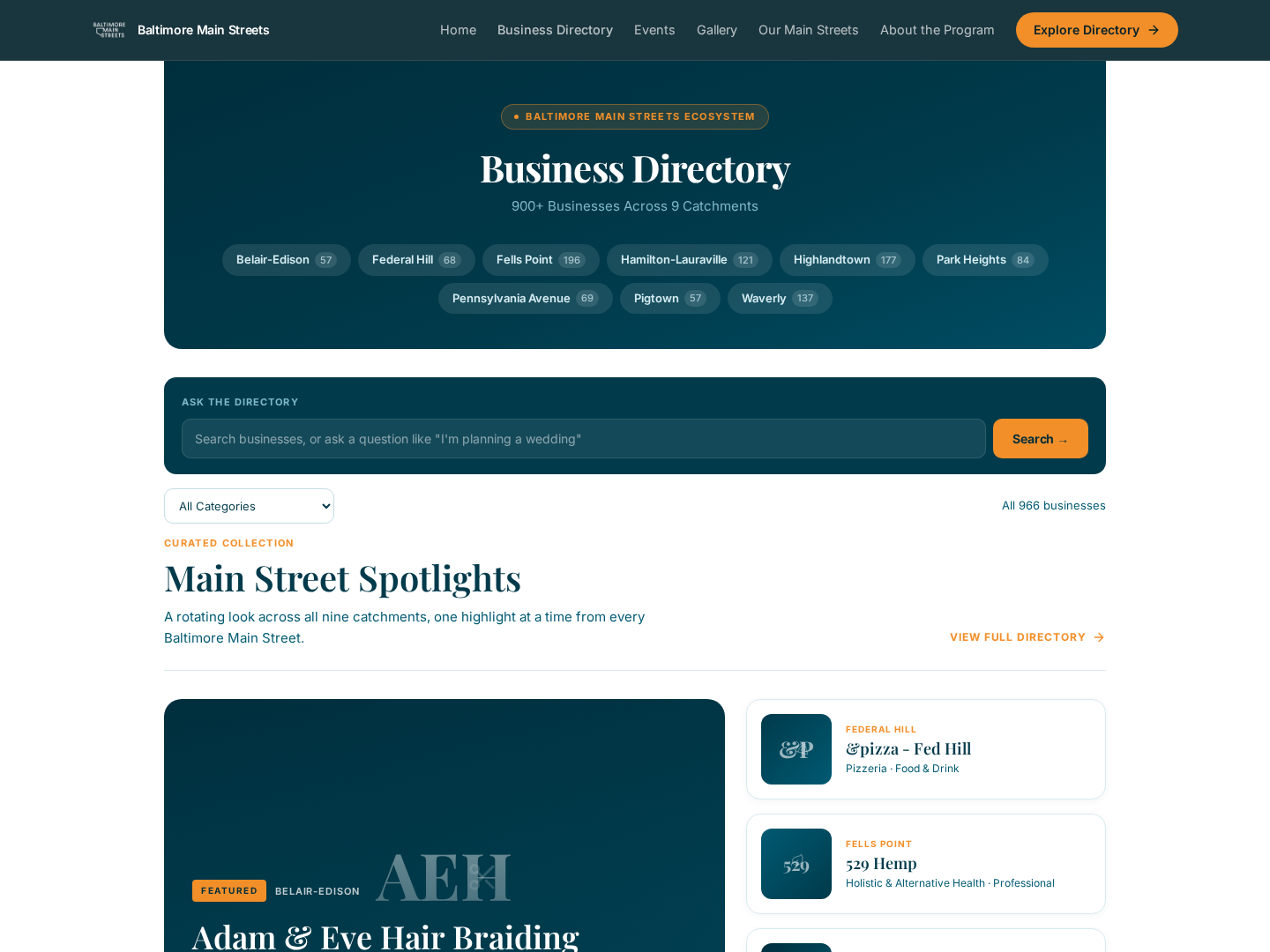 Business directory screenshot — searchable 900+ business listing