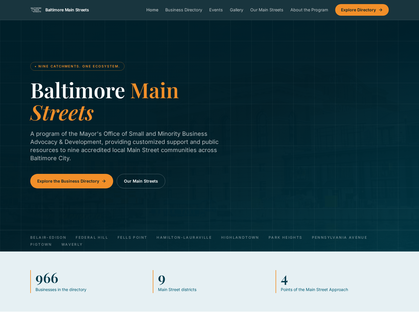 Homepage screenshot — Baltimore Main Streets platform